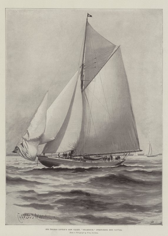 Sir Thomas Liptons neue Yacht, Shamrock, spannt ihre Segel von Charles John de Lacy