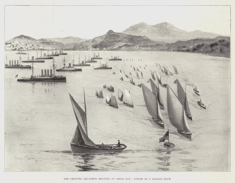 Die Regatta des Kanalgeschwaders in der Arosa-Bucht, Ziel eines Segelrennens von Charles John de Lacy