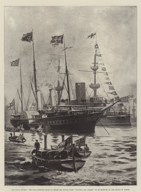 Die Marineparade, die Flaggoffiziere gehen an Bord der königlichen Yacht Victoria und Albert, um vom Prinzen von Wales empfangen zu werden von Charles John de Lacy