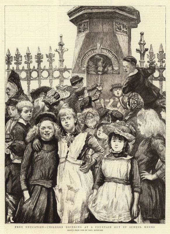 Kostenlose Bildung, Kinder trinken an einem Brunnen außerhalb der Schulzeit von Charles Paul Renouard