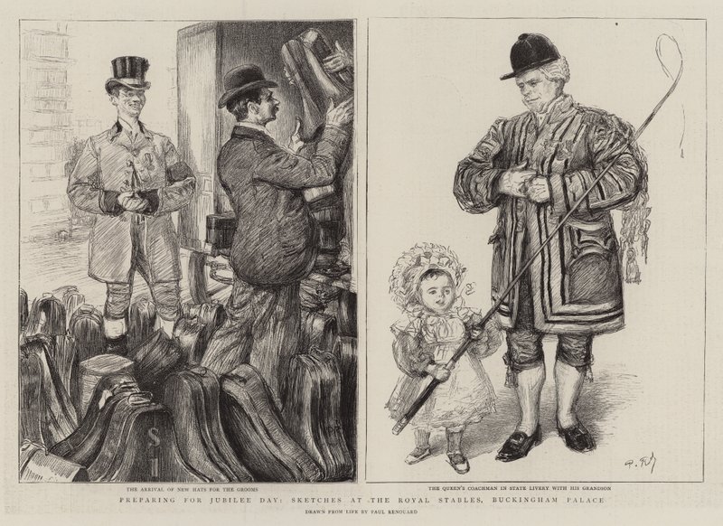 Vorbereitungen für den Jubiläumstag, Skizzen in den königlichen Ställen, Buckingham Palace von Charles Paul Renouard