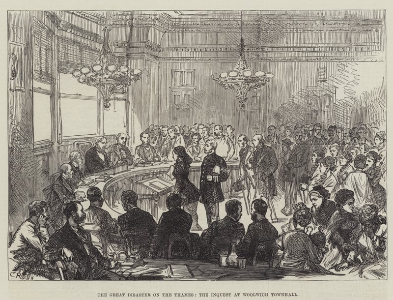 Die große Katastrophe auf der Themse, die Untersuchung im Rathaus von Woolwich von Sir John Charles Robinson