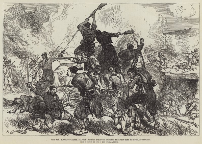 Der Krieg, Schlacht von Karahassankoi, türkische Infanterie stürmt die erste Linie der russischen Schützengräben von Sir John Charles Robinson