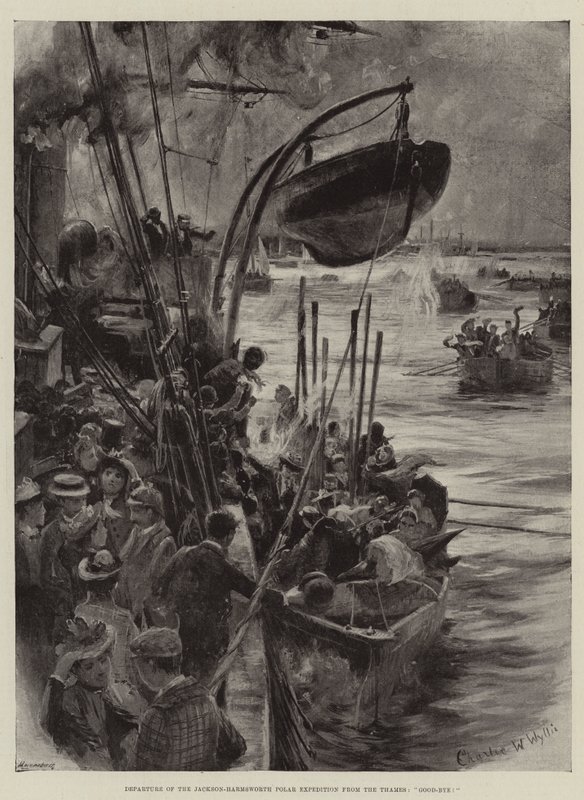Abreise der Jackson-Harmsworth-Polar-Expedition von der Themse, Auf Wiedersehen! von Charles William Wyllie