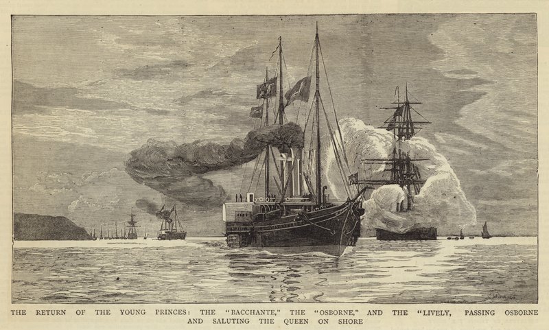 Die Rückkehr der jungen Prinzen, die Bacchante, die Osborne und die Lively, passieren Osborne und salutieren der Königin an Land von Charles William Wyllie