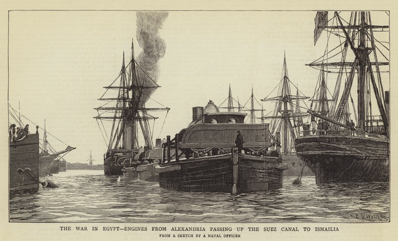 Der Krieg in Ägypten, Maschinen aus Alexandria passieren den Suezkanal nach Ismailia von Charles William Wyllie