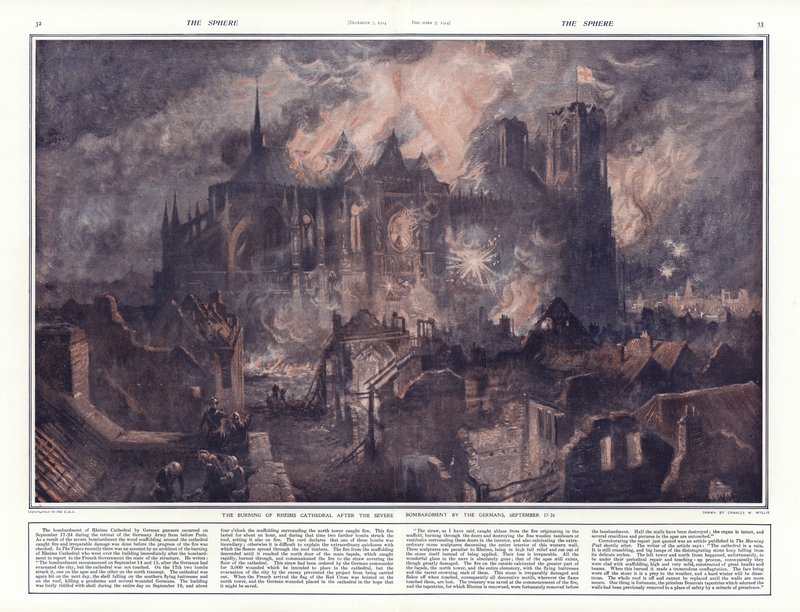 Die Verbrennung der Kathedrale von Reims nach dem schweren Bombardement durch die Deutschen, 17.-24. September 1914 von Charles William Wyllie