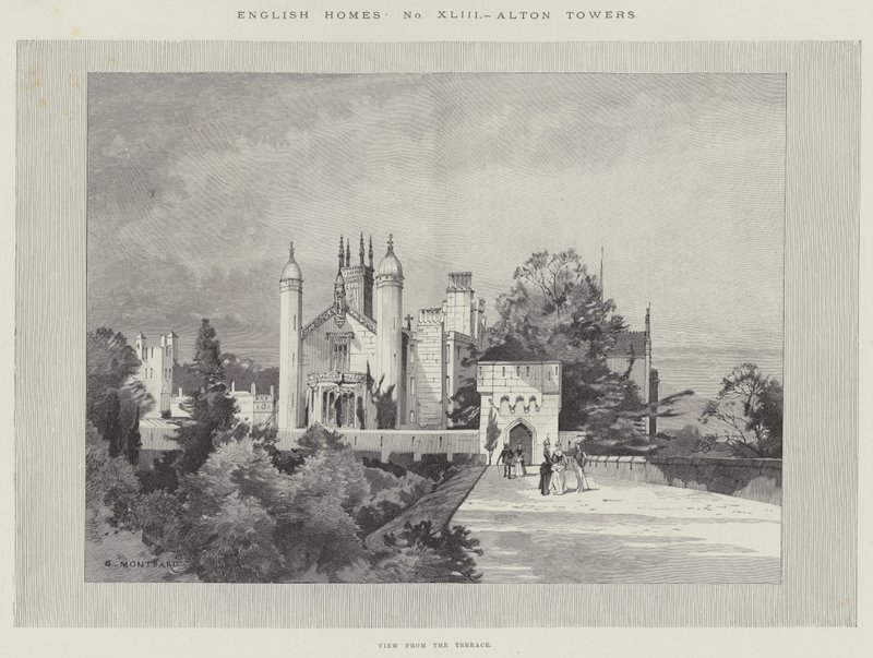 Englische Häuser, Alton Towers, Blick von der Terrasse von Charles Auguste Loye