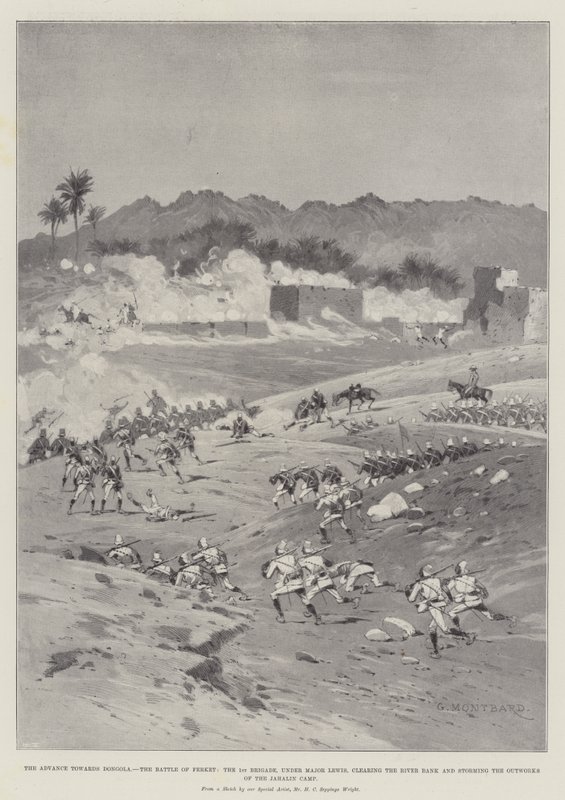 Der Vormarsch auf Dongola, die Schlacht von Ferket, die 1. Brigade unter Major Lewis räumt das Flussufer und stürmt die Außenwerke des Jahalin-Lagers von Charles Auguste Loye