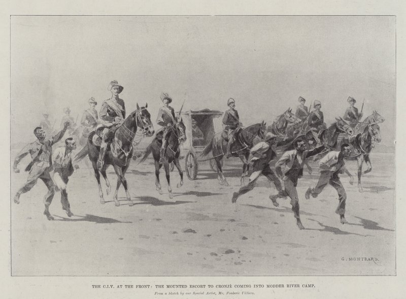 Die CIV an der Front, die berittene Eskorte zu Cronje kommt ins Modder River Camp von Charles Auguste Loye