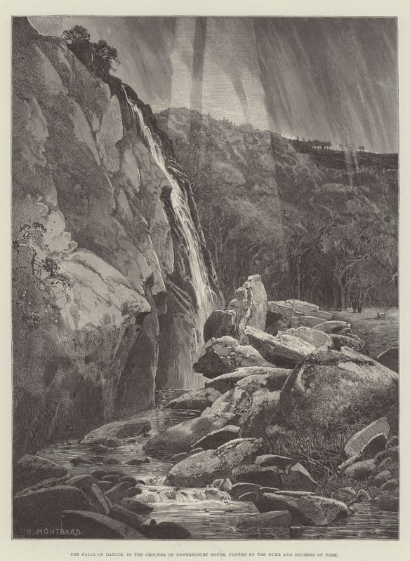 Die Wasserfälle von Dargle, im Gelände des Powerscourt House, besucht vom Herzog und der Herzogin von York von Charles Auguste Loye