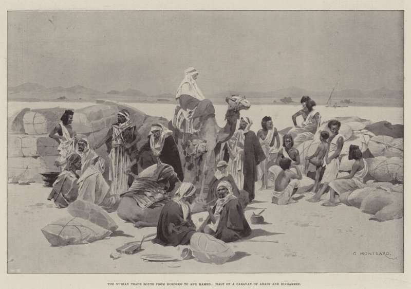 Die nubische Handelsroute von Korosko nach Abu Hamed, Halt einer Karawane von Arabern und Bishareen von Charles Auguste Loye