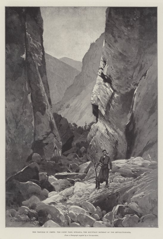 Die Unruhen auf Kreta, der Hauptpass, Sphakia, das Bergversteck der Revolutionäre von Charles Auguste Loye