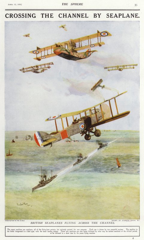 Britische Wasserflugzeuge fliegen über den Ärmelkanal (Farblithografie) von Charles Edward (after) Dixon