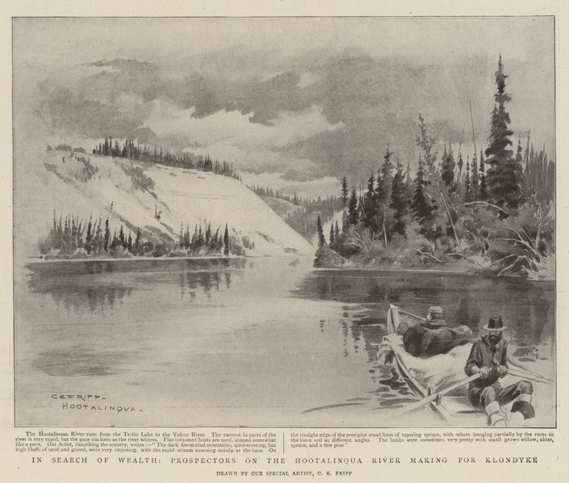 Auf der Suche nach Reichtum, Goldsucher am Hootalinqua-Fluss auf dem Weg nach Klondyke von Charles Edwin Fripp