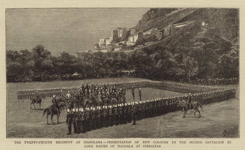 Das Vierundzwanzigste Regiment bei Isandlwana, Präsentation neuer Farben an das zweite Bataillon durch Lord Napier von Magdala in Gibraltar von Charles Edwin Fripp