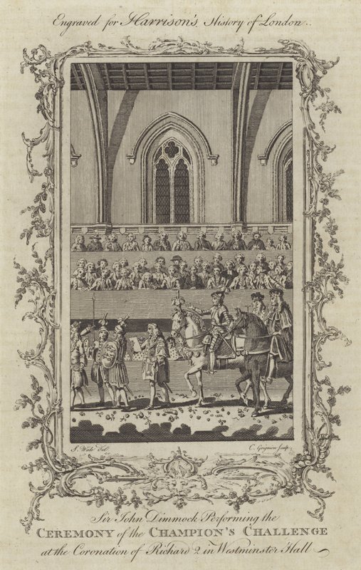 Sir John Dimmock führt die Zeremonie der Herausforderung des Champions bei der Krönung von Richard II. in der Westminster Hall, 1377 durch von Charles Grignion