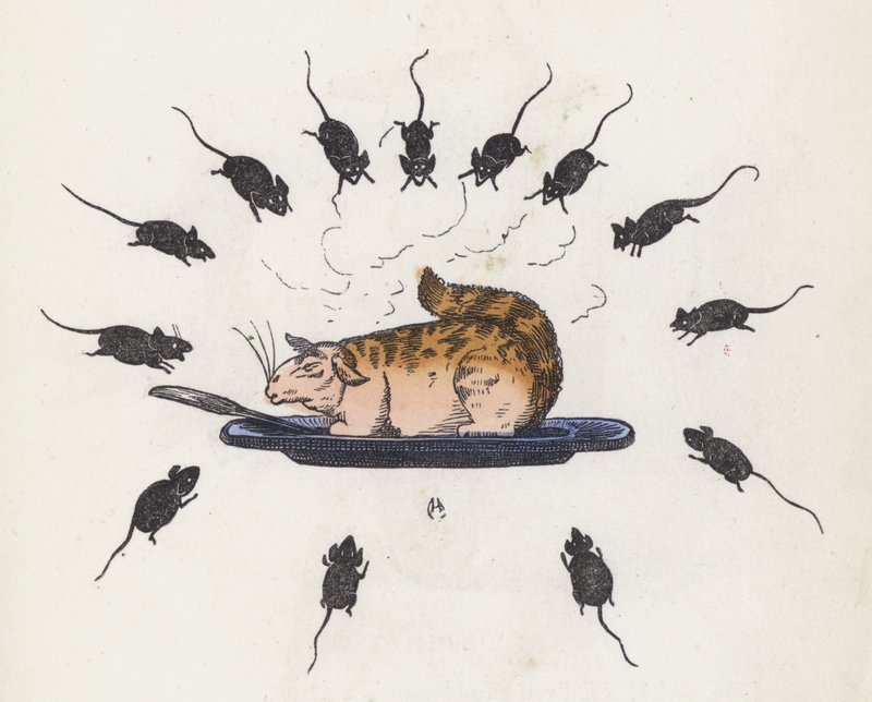Gefräßige Katze auf einem Teller, umgeben von hungrigen Mäusen (farbige Gravur) von Charles Henry (after) Bennett