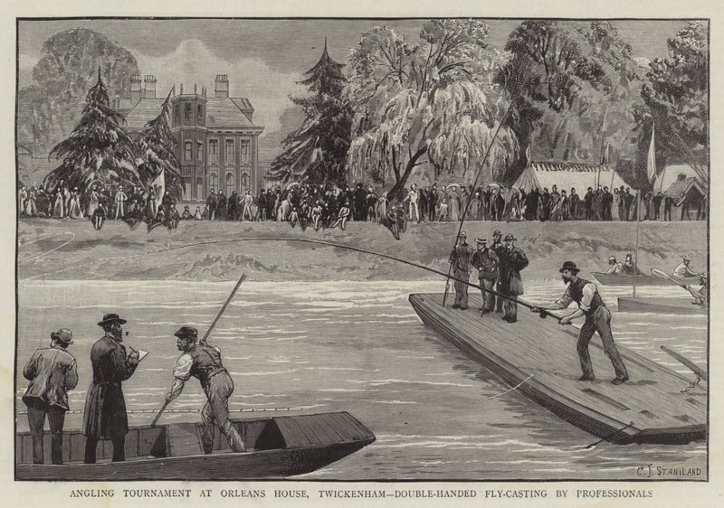 Anglerturnier im Orleans House, Twickenham, Doppelhand-Fliegenfischen von Profis von Charles J. Staniland