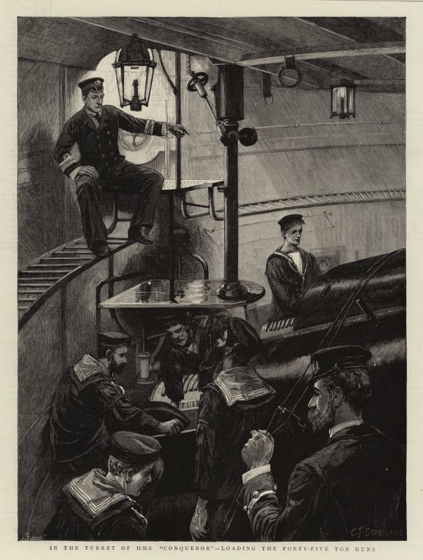 Im Turm der HMS Conqueror, das Laden der Fünfundvierzig-Tonnen-Kanonen von Charles J. Staniland