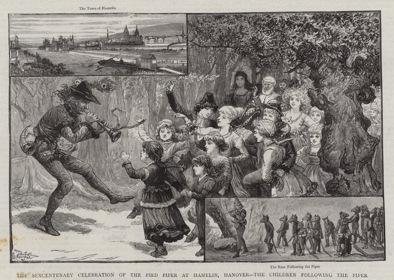 Die sechshundertjährige Feier des Rattenfängers von Hameln, Hannover, die Kinder folgen dem Rattenfänger von Charles J. Staniland