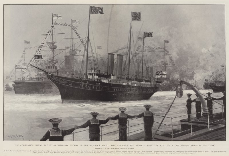 Die Krönungsflottenparade in Spithead, 16. August, die Yacht Seiner Majestät, die Victoria und Albert, mit dem König an Bord, passiert die Linien von Charles John de Lacy