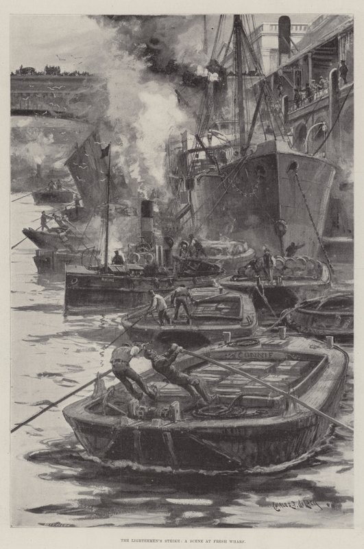 Der Streik der Leichterleute, eine Szene am Fresh Wharf von Charles John de Lacy