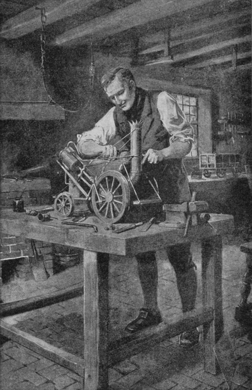 George Stephenson arbeitet an einem Modell seiner Rocket, der Lokomotive, die die Eisenbahn möglich machte (Lithografie) von Charles Mills (after) Sheldon