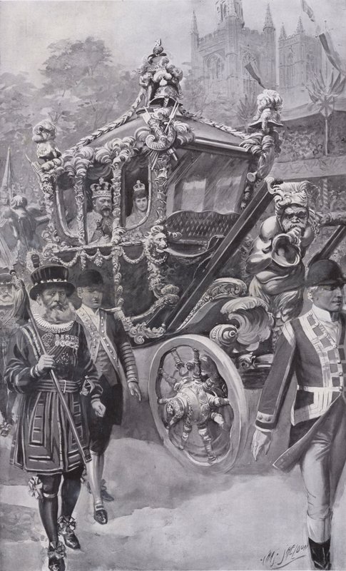 König Edward VII. und Königin Alexandra in der Staatskutsche auf dem Rückweg von ihrer Krönung in der Westminster Abbey, London von Charles Mills (after) Sheldon