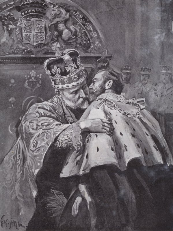 König Edward VII. umarmt seinen Sohn, den Prinzen von Wales, bei der Krönung des Königs, Westminster Abbey, London von Charles Mills (after) Sheldon