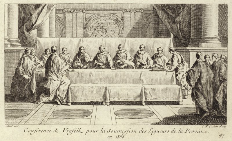 Konferenz zur Unterwerfung der Mitglieder der Katholischen Liga in Languedoc von Charles Nicolas II Cochin