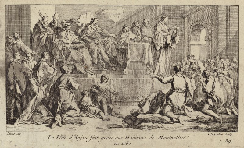 Ludwig I., Herzog von Anjou, Regent von König Karl VI. von Frankreich, dankt den Menschen von Montpellier von Charles Nicolas II Cochin