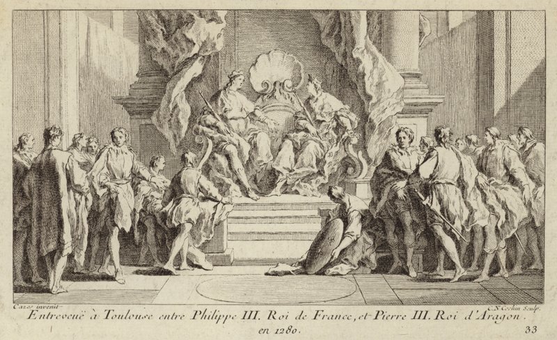 Treffen in Toulouse zwischen König Philipp III. von Frankreich und König Peter III. von Aragon von Charles Nicolas II Cochin