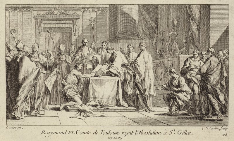 Raymond VI., Graf von Toulouse, demütigt sich in der Kirche von St. Gilles, um seine Exkommunikation aufheben zu lassen von Charles Nicolas II Cochin
