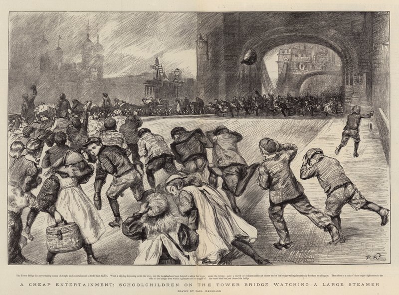 Eine günstige Unterhaltung, Schulkinder auf der Tower Bridge beobachten einen großen Dampfer von Charles Paul Renouard