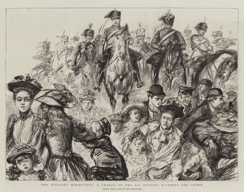 Die Militärmanöver, ein Angriff der 8. Husaren zerstreut die Menge von Charles Paul Renouard