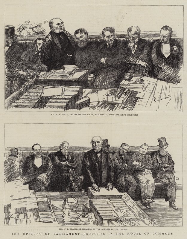 Die Eröffnung des Parlaments, Skizzen im Unterhaus von Charles Paul Renouard