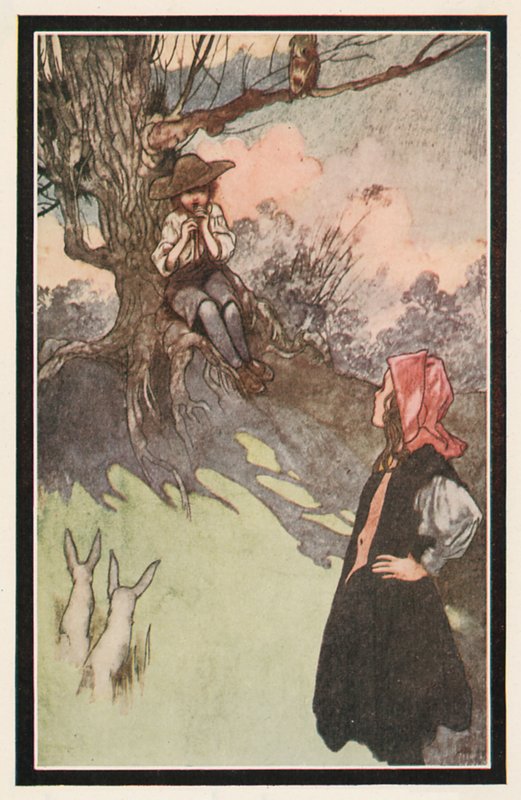 Ein Junge saß unter einem Baum und spielte auf einer groben Holzpfeife von Charles Robinson