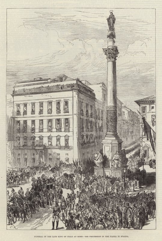 Beerdigung des verstorbenen Königs von Italien in Rom, der Prozession auf der Piazza di Spagna von Sir John Charles Robinson