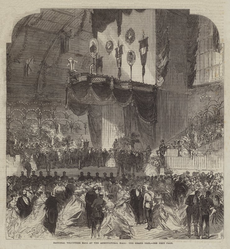 National Volunteer Ball in der Agricultural Hall, das große Podium von Sir John Charles Robinson