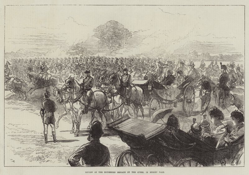 Parade der Haushaltsbrigade durch die Königin im Bushey Park von Sir John Charles Robinson