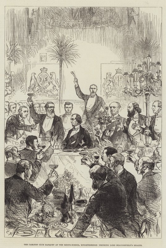 Das Bankett des Carlton Clubs in der Reitschule, Knightsbridge, beim Trinken auf die Gesundheit von Lord Beaconsfield von Sir John Charles Robinson
