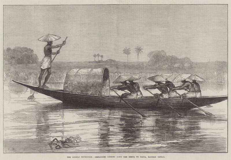 Die Looshai-Expedition, Depeschen werden den Megna hinunter nach Dacca, Ostbengalen, gebracht von Sir John Charles Robinson