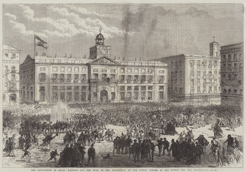 Die Revolution in Spanien, Hissen der Revolutionsflagge an den öffentlichen Ämtern in der Puerta del Sol, Madrid von Sir John Charles Robinson