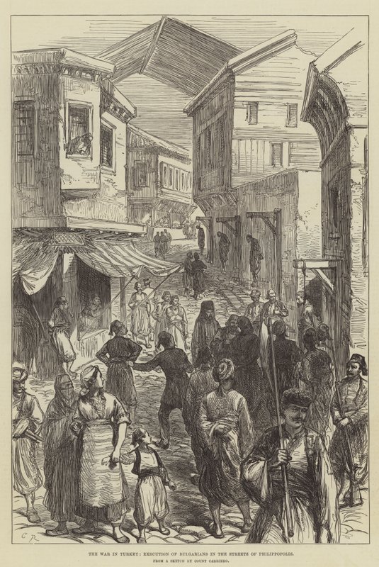 Der Krieg in der Türkei, Hinrichtung von Bulgaren auf den Straßen von Philippopolis von Sir John Charles Robinson