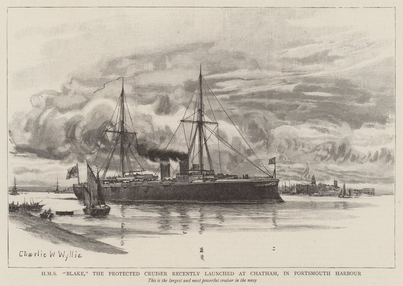 HMS Blake, der kürzlich in Chatham gestartete Geschützte Kreuzer im Hafen von Portsmouth von Charles William Wyllie