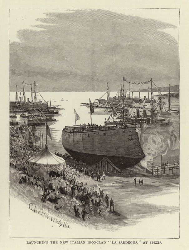 Stapellauf des neuen italienischen Panzerschiffs La Sardegna in Spezia von Charles William Wyllie