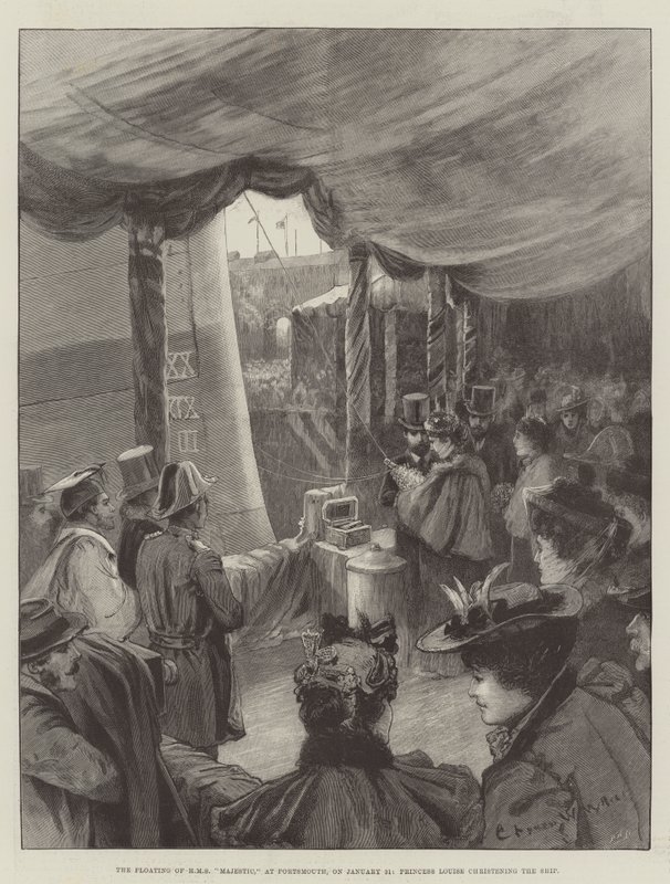 Das Schwimmen der HMS Majestic in Portsmouth am 31. Januar, Prinzessin Louise tauft das Schiff von Charles William Wyllie