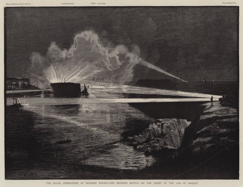 Die Marineoperationen bei Milford Haven, die entscheidende Schlacht in der Nacht des 17. August von Charles William Wyllie