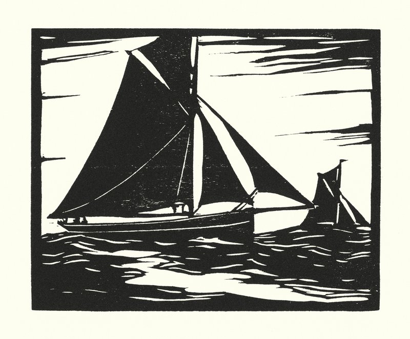 Fischerboote und Lastkähne: Plymouth Long Boomer (Holzschnitt) von Cyril A. Wilkinson